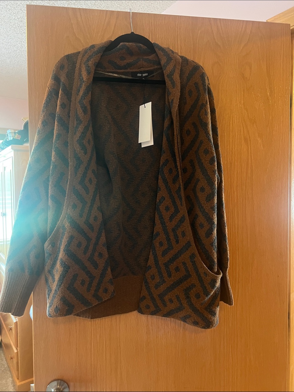 Brown Geometric Open-Front Women's Sweater Cardigan